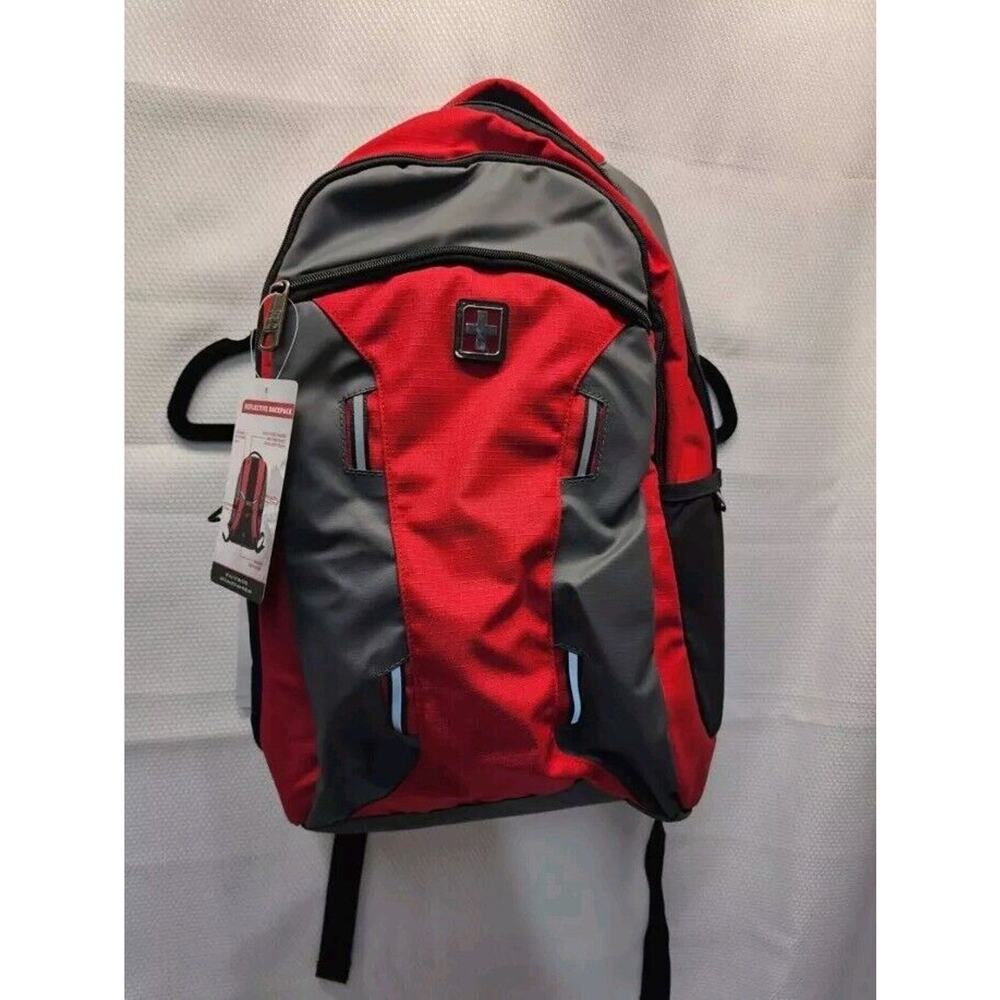 Swiss Tech Gray and Red Reflective Backpack, great for school, work, or outdoors